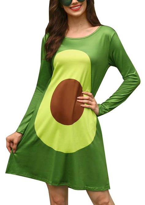 PRICES MAY VARY. Fun Fruit Costume Dress - The fruit dress is full of personality and fun, perfect for showcasing your tropical style. Long sleeve dresses are comfortable, fun, look great and instantly recognizable! Costume Dress Features - The fruit costume dress features long sleeves, round neck, loose fitting swing dress design and eye-catching 3D printed fancy patterns to be the star of the party! Put on Spadehill's Fruit Halloween costume and everything looks brtter. Costume Dress Occasions Avocado Costume, Fruit Dress, Fruit Costumes, Striped Knee High Socks, Fun Fruit, Funny Dresses, Special Halloween, Halloween Long Sleeve, Patterned Tights