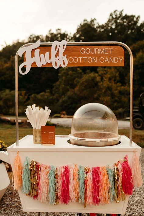 Cotton Candy At Wedding, Cotton Candy Vendor Booth, Cotton Candy Trailer, Cotton Candy Cart Ideas, Dessert Cart Ideas, Cotton Candy Table, Diy Candy Cart, Candy Cart Ideas, Cotton Candy Business