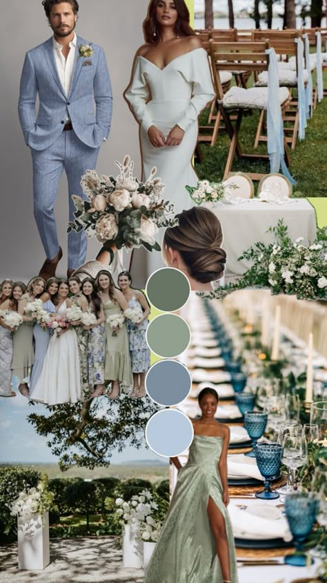 Sage Green Dusty Blue Champagne Wedding, Sage Green And Dusty Blue Wedding Theme, Spring Green Wedding Colors, Sage Green And Baby Blue Wedding, Wedding Pallet Ideas Colour Schemes Summer, Sage And Blue Wedding, Sage Green And Dusty Blue Wedding, Dusty Blue And Sage Green Wedding, Blue And Green Wedding Theme