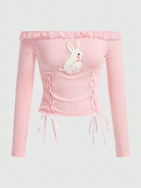 Pink Casual Collar Long Sleeve Rib knit Cartoon,Plain  Embellished Medium Stretch  Women Clothing Bunny Clothes Women, Pink Coquette Clothes, Pink Off The Shoulder Top, Top Spring Outfits, Coquette Clothes, Cheonan, Outing Outfit, Bunny Embroidery, Yellow Pants