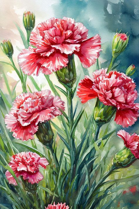 A vibrant watercolor carnations painting featuring detailed pink and red flowers with green stems and leaves. Carnations Painting, Painting Carnations, Carnation Painting, Art Lovers, Lovers Art, Art Inspo, Art Painting, Vibrant Colors, Drawings