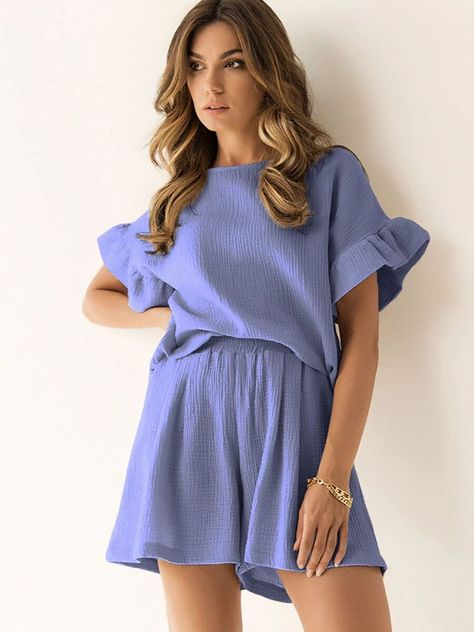 New! Outfit Set Ruffled Short Sleeve Round Neck Top and Shorts Set was just added to eBay. Check it out! #eBay #eBaySeller Blue Summer Outfits, Spring Loungewear, Elemental Blue, Cotton Pajamas Women, Yoga Outfits, Cotton Pajamas, Cozy Pajamas, Round Neck Top, Women Yoga