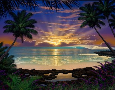 Fantasy Beach, Fantasy Coast Art, Beach Fantasy Art, Fantasy Tropical Island, Trippy Beach, Tropical Castle Fantasy Art, Trippy Beach Art, Beach Sunset Painting, Surf Painting