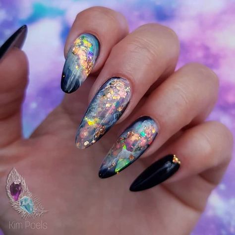 Reverse Chrome Nails, Black Opal Nails, Opal Nail Designs, Whimsical Nails, Heavenly Nails, Feet Nail Design, Opal Nails, Hard Gel Nails, Halloween Acrylic Nails