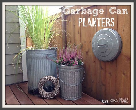 Garbage Can Planters Metal Trash Can Ideas, Trash Can Planter Ideas, Garage Planters, Trash Can Planter, Reuse Wine Bottles, Front Porch Flowers, Flower Containers, Garden Frogs, Garden Mural