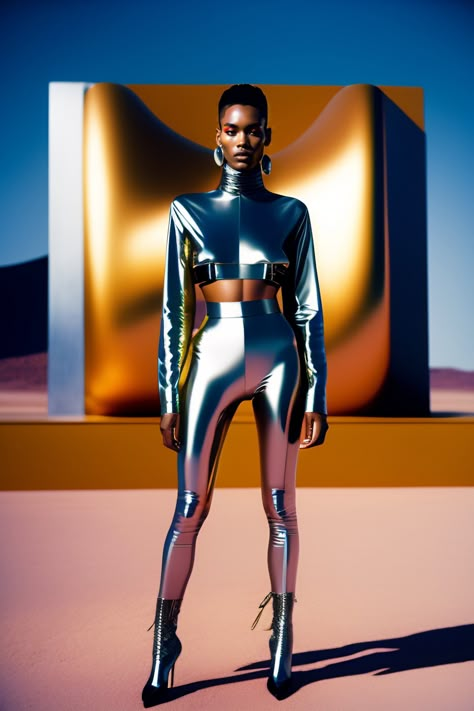 Futuristic Fashion Female, Retrofuturism Aestethic Fashion, Neo Futurism Fashion, Futuristic Photoshoot Ideas, Futuristic Outfits Women, Chrome Clothing, Futuristic Fashion Photography, Futuristic Editorial, Chrome Photoshoot