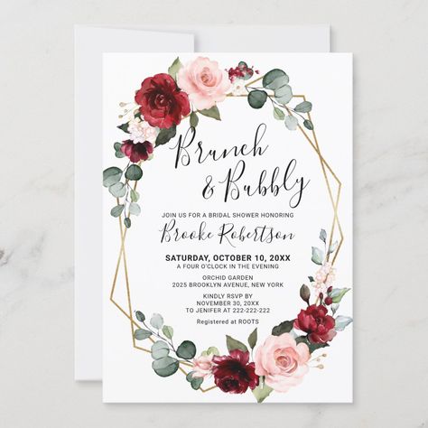 $2.65 | Elegant and modern romantic geometric watercolor floral bridal shower/ Brunch & bubbly invitation card features a bouquet of burgundy / marsala , blush pink, Purple, peach watercolor roses with matching foliage. #burgundymarsalaredmaroonroses #watercolorbouquetgoldgeometricframe #popularrusticcountrybarnwedding #bridalshower #wedding #bridetobe #bride #babyshower | Bridal shower ideas | Bridal shower designs | Bridal shower invitations | Bridal shower invitation | Bridal shower invites Bridal Shower Ideas Burgundy, Maroon Bridal Shower Ideas, Pink And Gold Bridal Shower Ideas, Burgundy Bridal Shower Ideas, Blushing Bride Bridal Shower Theme, Rose Gold Bridal Shower Ideas, Nath Bridal, Opera Wedding, Modern Bridal Shower Invitations