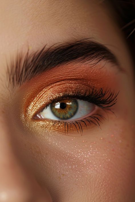 Orange Gold Eyeshadow, Sunset Eyeshadow Looks, Copper Eyeshadow Looks, Sunset Makeup Looks, Pisces Makeup, Copper Eyes, Sunset Eyeshadow, Copper Eyeshadow, Makeup 2024