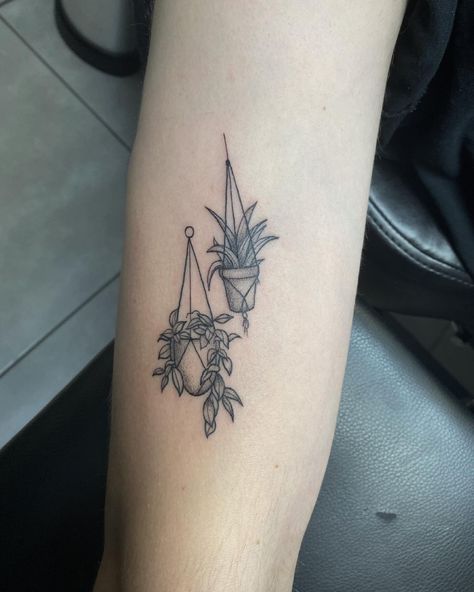 House Plant Tattoos For Women, Plant Matching Tattoos, Hanging Plant Tattoo Simple, Potted Plant Tattoos, Tattoo Ideas Female Plants, Matching Plant Tattoos For Best Friends, Plant Themed Tattoos, Best Friend Plant Tattoos, Hanging Plants Tattoo