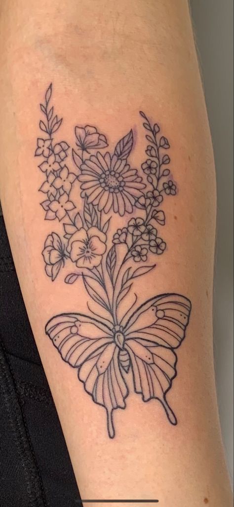 Tattoo That Represents Siblings, Tattoo For My Niece, Butterfly And Plant Tattoo, July Birth Flower Butterfly Tattoo, Butterfly Flower Bouquet Tattoo, Butterfly And Birth Flower Tattoo, Flower Bouquet With Butterfly Tattoo, Tattoo To Represent Siblings, Butterfly Birth Flower Tattoo