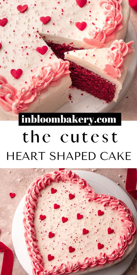 This is the cutest heart shaped cake you'll ever see! It's a moist red velvet cake frosted with cream cheese frosting and decorated all cute for Valentine's Day! Valentine’s Day Cake Flavors, Red Velvet Cake Valentines Day, Valentines Day Smash Cake, Valentine’s Day Cake Recipes, Valentines Day Cake Recipes, Heart Shape Cookie Cake, Heart Shaped Red Velvet Cake, Heart Shaped Cakes Valentine's Day, Valentines Day Cake Ideas Heart Shapes