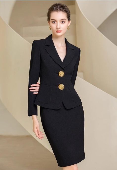 Elegant Sapphire Tailored Business Suit Set for Women Product Description: "Make a confident entrance in our Elegant Sapphire Tailored Business Suit Set. Designed with the modern professional in mind, this exquisite two-piece ensemble features a meticulously tailored blazer and sleek pencil skirt crafted from a premium fabric blend for a comfortable, figure-flattering fit. Accented with a distinctive gold brooch and delicate button details, this suit set combines classic sophistication with contemporary style, making it an indispensable addition to your workwear wardrobe. Key Features: Luxurious sapphire blue hue for a standout professional appearance. Premium fabric blend ensures comfort and durability. Tailored blazer with structured shoulders and waist-enhancing silhouette. Pencil skirt Two Piece Suits For Women, Banking Aesthetic, Women Suit Skirt, Formal Skirt Outfit, Dress Suit For Women, Skirt Suit Business, Skirt Suits For Women, Black Womens Suit, Work Blazer Outfit