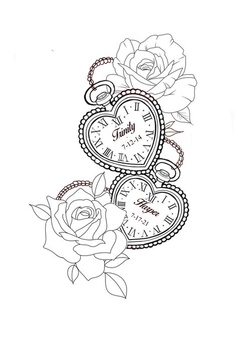 In Loving Memory Clock Tattoos, Love Heart Clock Tattoo Design, Names And Flowers Tattoos, Clock With Flowers Tattoo Design, Rose Heart Clock Butterfly Tattoo, Two Clocks Tattoo Design, Heart Clock Tattoo Stencil, Family Tattoo Ideas For Women Sleeve, Heart Clock Drawing