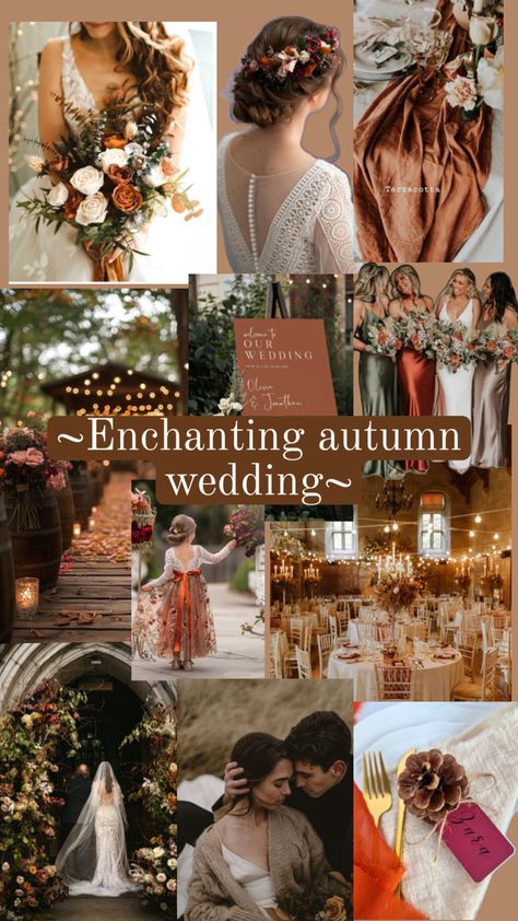 Stunning autumn wedding elements. Autumn Wedding Mood Board, Autumn Wedding Ideas September, Autumn Woodland Wedding, Autumn Wedding Uk, Whimsical Autumn Wedding, Autumn Wedding Colour Scheme, Soft Autumn Wedding, Fall Evening Wedding, Autumn Wedding Colours