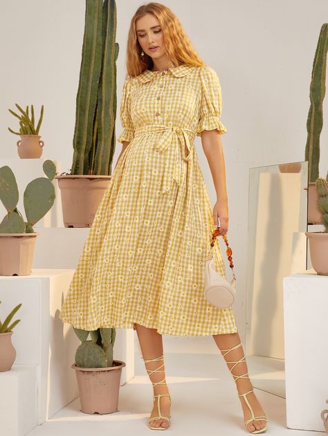 Yellow Boho  Short Sleeve Polyester Gingham,Ditsy Floral Shirt Embellished Non-Stretch Summer Maternity Causal Frocks, Yellow Gingham Dress, Maternity Sundress, Shein Maternity, Summer Maternity, Dress With Collar, Yellow Gingham, Summer Pregnancy, Flounce Sleeve