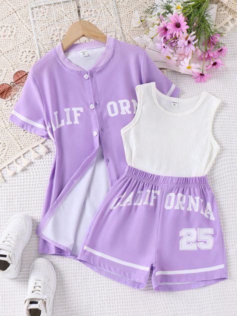 Cute Outfits For 11 Yrs Old Girl, Clothes For 12 Year Girl, Cute Outfits For Kids 9-10, Cute Outfits For Kids 10-12, T Shirt For Girls Fashion, Adrette Outfits, Tank Top Shorts, Old Outfits, Purple Fits