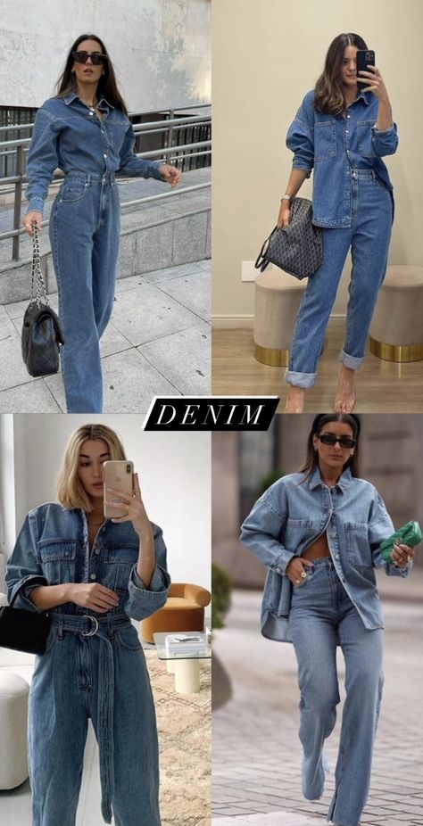 Denim Shirt And Denim Jeans Outfit, Look Total Jeans, Camisa Jeans Outfit Mujer, Jean On Jean Outfit Denim, Demin On Denim Outfit, Demin On Demin, Demin Outfit, Chic Denim Outfits, Looks Total Jeans