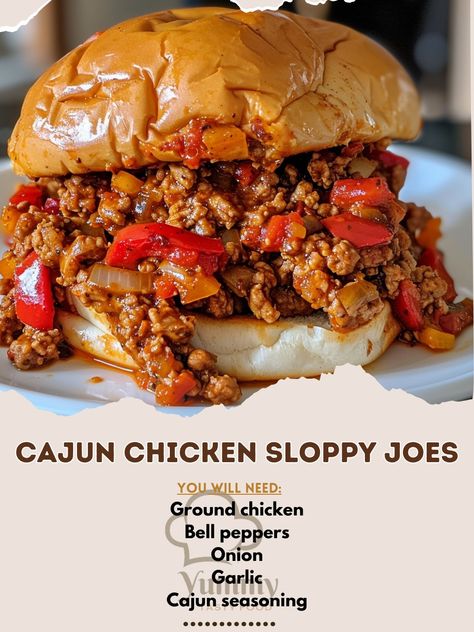 🍗🌶 Spice up your meal with Cajun Chicken Sloppy Joes! Quick, tasty, and satisfying. #CajunComfort Cajun Chicken Sloppy Joes Ingredients: Ground chicken Bell peppers, diced Onion, diced Garlic, minced Cajun seasoning Tomato sauce Burger buns Instructions: Sauté chicken with garlic, onions, and bell peppers. Stir in Cajun seasoning and tomato sauce; simmer until thick. Serve on toasted buns. 🌶️🍔 Dive into these bold and flavorful sloppy joes, a fantastic twist on a classic. Perfect for a fami... Sauté Chicken, Chicken Bell Peppers, Chicken Sloppy Joes, Sauce Burger, Chicken With Garlic, Burger Sauce, Sauteed Chicken, Cajun Chicken, Slider Recipes