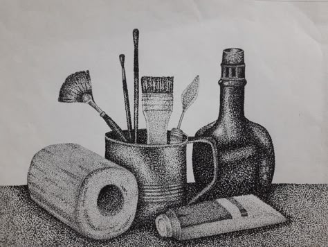 Drawing Rendering Techniques, Pointillism Still Life, Dot Rendering, Pen Rendering, Metal Kettle, Stipple Art, Drawing Objects, Stippling Drawing, Art Homework