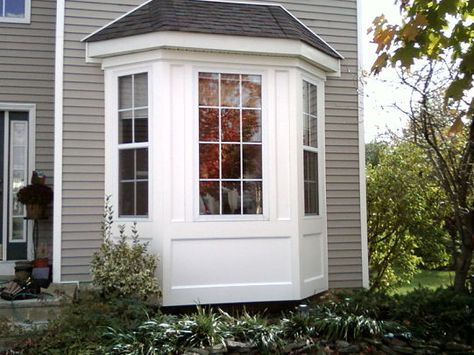 bay window trim                                                       … Window Wood Trim, Exterior Bay Window, Bay Window Trim, Bay Window Exterior, Bay Window Design, Vinyl Window Trim, Window Exterior, Window Trim Exterior, Bow Window