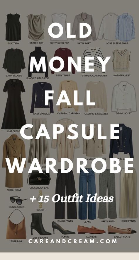 Elevate your fall style with this old money fall capsule wardrobe post. It offers 15 chic outfit ideas that encapsulate the old money fall fashion aesthetic. Discover fall wardrobe essentials that blend timeless elegance with the latest fall style. Go from casual to classy using this old money fall wardrobe guide. Plus: old money fall outfits, autumn outfits. Fall Outfits Capsule Wardrobe 2024, Old Money Fall Capsule 2024, Winter Closet Staples, Fall Casual Capsule Wardrobe, Fall Weekend Getaway Outfits Capsule Wardrobe, Dressing Over 50 Classy, Fall Capsule Wardrobe 2024 Over 50, Autumn Capsule 2024, Fall Wardrobe Essentials 2024