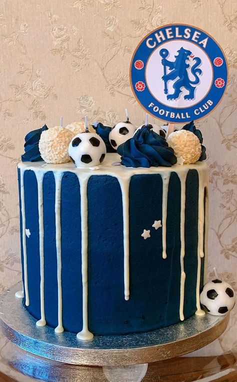 Chelsea Themed Birthday Cake, Chelsea Cake Ideas, 8th Birthday Cake Boys, Everton Cake, Chelsea Football Cake, Football Cakes For Boys, Hello Kitty Football, Creamy Chocolate Cake, Football Cake Design