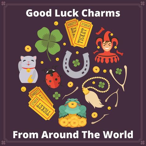 Different countries have various types of good luck charms including symbols, Talismans, charms, and amulets for good luck. Here is a collection of some of the most popular good luck charms from around the world and why they are considered lucky. #goodluck #goodluckcharm #superstition Lucky Charms For Good Luck, Symbols Of Good Luck, Lucky Items Good Luck Charms, Good Luck Jewelry, Lucky Charms Good Luck Wallpaper, Good Luck Symbols Tattoo, Lucky Symbols Good Luck, Other Words For Good, Good Luck Illustration