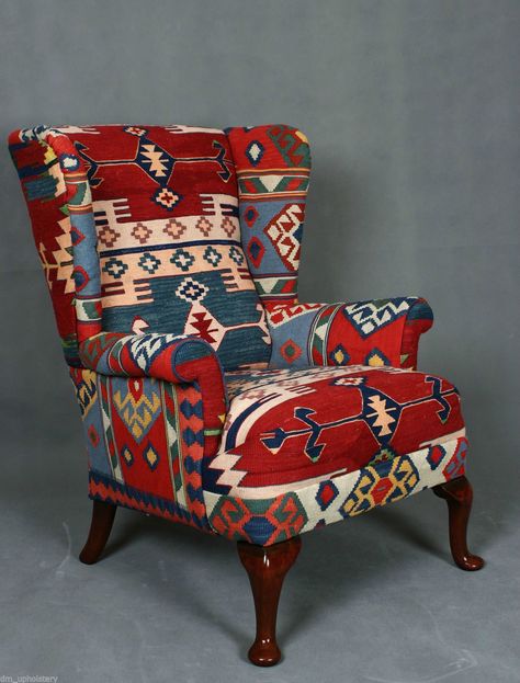 Southwestern Furniture, Patchwork Furniture, Patchwork Chair, Sofa Fabric Upholstery, Reupholster Chair, Wingback Armchair, Western Furniture, Sofa Upholstery, Funky Furniture