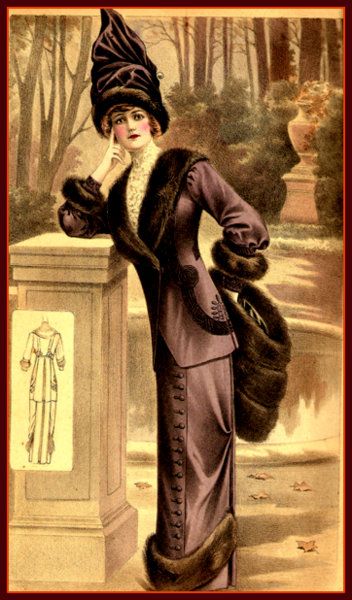 La Femme Chic - Toilette d’apres midi.   Creation de Francis.   (Printer:  J.Bas. Imp, Paris) A long fitted jacket shaped with fur edgings to the collar body and cuffs, over a long straight skirt buttoned down the front and split at one side.   Edged with a wide band to the front edge.   An imposing large banded fur muff and a round hat with a tall pleated top. . A high necked under blouse of lace is very effective giving a softer look to a strong image. 1912 Fashion Plate, 1912 Fashion, 1914 Fashion, 1909 Fashion, Rococo Era, Long Straight Skirt, Belle Epoque Fashion, Edwardian Hat, Edwardian Hairstyles