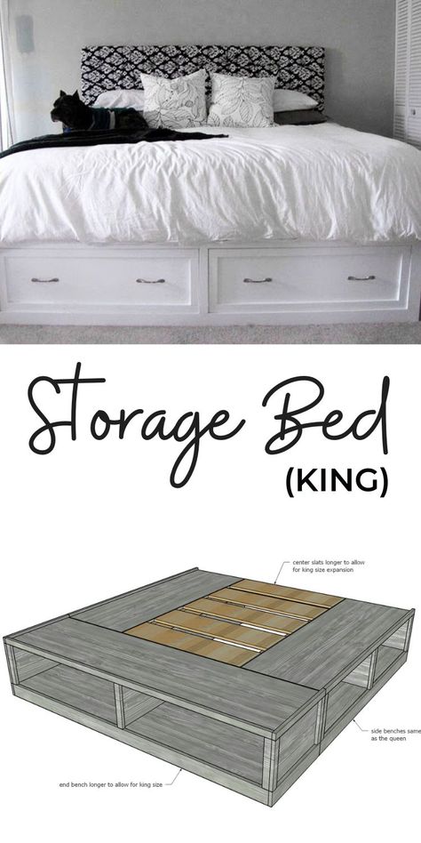 Diy King Size Bed Frame With Storage, How To Make A Platform Bed With Storage, White King Platform Bed, King Sized Bed With Storage, Cal King Storage Bed Frame, King Bed Frame Ideas With Storage, Captains Bed King, Farmhouse Bed With Drawers, Bedframe Diy King