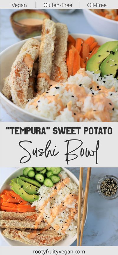 Vegetarian Sushi Bowl Recipe, Sweet Potato Sushi Bowl, Vegan Dinner For Non Vegans, Gluten Free Sushi Recipes, Plant Based Gluten Free Recipes, Plant Based Asian Recipes, Vegan Sushi Bake, Gluten Free Vegan Meals, Baked Tempura