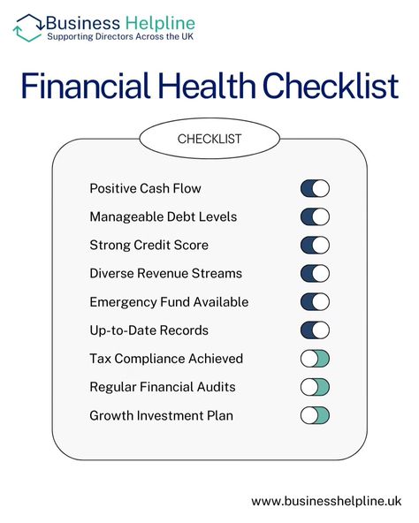 Financial Health Checklist: Is Your Business on Track? Maintaining financial health is crucial for any business. Here’s a quick guide to help you assess where your business stands. - 𝗣𝗼𝘀𝗶𝘁𝗶𝘃𝗲 𝗖𝗮𝘀𝗵 𝗙𝗹𝗼𝘄: Are your revenues consistently exceeding your expenses? A positive cash flow is essential for keeping your business running smoothly day-to-day. - 𝗠𝗮𝗻𝗮𝗴𝗲𝗮𝗯𝗹𝗲 𝗗𝗲𝗯𝘁 𝗟𝗲𝘃𝗲𝗹𝘀: Is your debt under control and easily manageable within your current cash flow? High debt levels can strain your finance... Health Checklist, Revenue Streams, Financial Health, Emergency Fund, Cash Flow, Quick Guide, Credit Score, Assessment, Finance