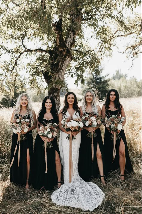 Black Bridesmaid Dresses Rustic, Black Bridesmaid Dresses With Cowboy Boots, Black Wedding Theme Bridesmaid Dress, Rustic Western Bridesmaid Dresses, Western Boho Wedding Bridesmaid Dress, Brown And Black Bridesmaid Dresses, Cowboy Wedding Bridesmaids, Western Wedding With Black Bridesmaid Dresses, All Black Western Wedding