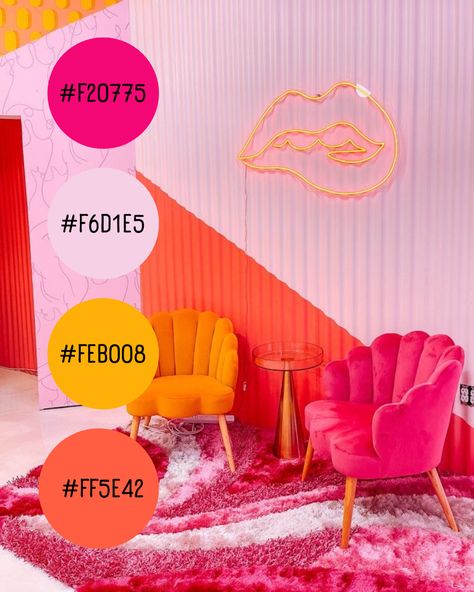 Fluorescent Pink Aesthetic, Pink Orange And Gold Room, Boss Babe Color Palette, Pink And Tangerine Color Palette, Pink Orange Photoshoot, Pink And Orange Retro Aesthetic, Pink And Orange Dining Room, Colourful Salon Decor, Pink Orange Yellow Living Room