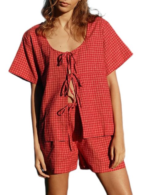 PRICES MAY VARY. 🌸Material: Y2k plaid pajama two piece set is made of polyester, skin friendly fabric. 2 piece outfits sets for women, y2k pajamas shorts set for women, gingham pjs shorts set, lace up bow shirt high waist shorts suit, cute pjs for women, plaid print aesthetic pajamas homewear, printed two piece vacation beach outfits is soft, lightweight, stretchy and breathable. Summer 2 pcs plaid shorts set is good of quality, not easy to wrinkle. 🌸Features: Gingham pajamas two piece outfits Summer Coord Set, Pajama Shirt Pattern, Gingham Pajamas, Y2k Pajamas, Aesthetic Pajamas, Cute Pjs For Women, Amazon Closet, Cool Pajamas, Pjs Shorts