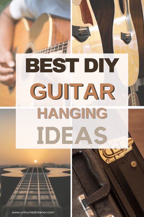 The Best DIY Guitar Hanging Ideas for a Wall Display - Unhurried Interior Wall Mount Guitar Hangers, Wall Mounted Guitar Holder, How To Display Guitars On Wall, Diy Guitar Wall Hanger, Hang Guitars On Wall Ideas, Guitar Wall Display Ideas, Displaying Guitars On Wall, Guitar Living Room Decor, Guitar Holder Wall Diy