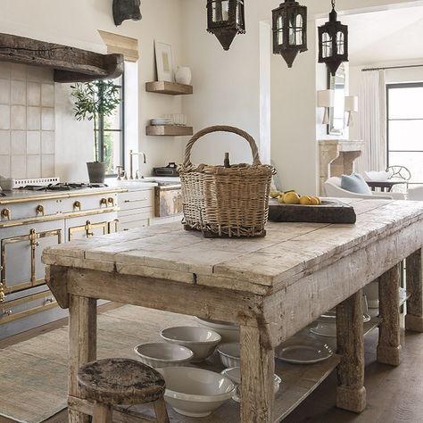 Luxurious, rustic, elegant European inspired kitchen with antique work table in Milieu magazine with design by Cathy Chapman. Photo by Peter Vitale, Architect: Home Front Build. Come see 24 Inspiring European Country Kitchen Ideas! Old World Kitchen Backsplash Ideas, New England Lake House, Malibu Vacation, European Country Kitchen, Antique Work Table, Milieu Magazine, Cozy Kitchens, Repurposed Kitchen, Rustic Kitchen Island