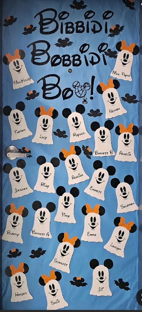 Ghost Classroom Door, Mickey Mouse Classroom Door, October Bulletin Board Ideas, Toddler Bulletin Boards, October Bulletin Board, Mickey Mouse Classroom, Halloween Classroom Door, Halloween Classroom Decorations, Disney Themed Classroom