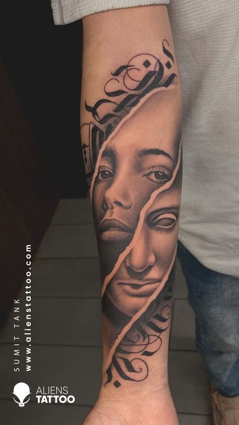 230+ Pretty Black and Grey Tattoo Designs (2023) - TattoosBoyGirl Best Black And Grey Tattoos, Realistic Tattoo Design Ideas, Double Exposure Tattoo, Realistic Tattoo Ideas, Tato Realis, Realistic Tattoo Design, India Tattoo, Tato 3d, Aliens Tattoo