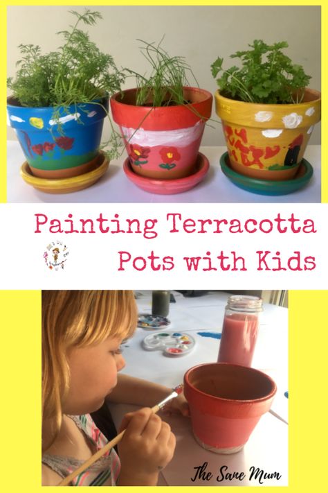 Painting terracotta pots with kids. #kidscraft #gardencraft #naturecraft Kids Painted Terracotta Pots, Kids Flower Pot Painting, Flower Pot Decorating Ideas For Kids, Kids Painting Flower Pots, Painting Terra Cotta Pots Kids, Terracotta Pot Crafts For Kids, Flower Pot Crafts Kids, Painting Terracotta Pots, Aunt Things