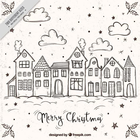 Merry christmas background with sketches... | Free Vector #Freepik #freevector #christmas-drawings #christmas-sketch #christmas-city #christmas-handdrawn Sketches Of Houses, Town Drawing, House Doodle, Boulet Journal, Christmas Window Painting, Christmas Sketch, Christmas Graphic Design, Window Drawing, Craft Templates