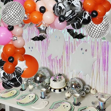 Ghouls Night Out Bachelorette, Lets Go Ghouls Party, Lets Go Ghouls Bachelorette, Halloween Disco Party, Halloween Bachelorette Party Ideas, Eyeball Balloons, Disco Halloween Party, Bachelorette Slumber Parties, Halloween Booth