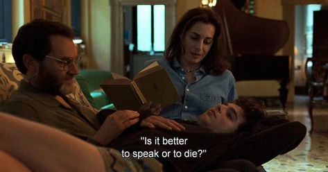 “Is it better to speak or to die” Timothée Chalamet. Call Me by Your Name (2017) Call Me By Your Name, Reading A Book, To Speak, Your Name, Call Me, A Book, We Heart It, A Woman, Reading