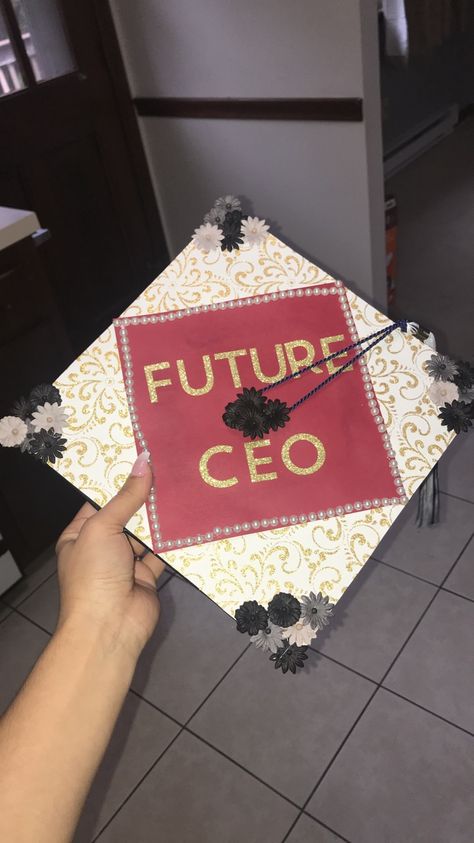 Decorate graduation cap, business, finance degree, future ceo, red, black, gold Marketing Degree Graduation Cap, Business Management Graduation Cap, Business Administration Graduation Cap, Finance Graduation Cap, Business Grad Cap Ideas, Healthcare Administration Graduation Cap, Business Degree Graduation Pictures, Graduation Cap Designs College Business, Business Degree Graduation Cap