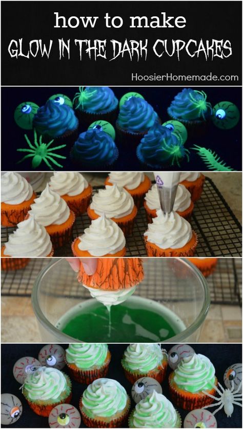 Black Light Cupcakes, Glow In The Dark Cupcakes Neon, Foods That Glow Under Black Light, Glow Party Cupcakes, Glow Cupcakes, Dark Cupcakes, Glow In The Dark Cupcakes, Fun Halloween Party Food, Cupcakes Halloween