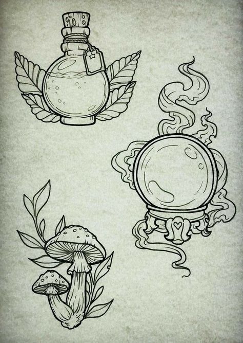 Witchcraft Tattoo, Flash Art Tattoos, Halloween Tattoo Flash, Witchcraft Tattoos, Arte Doodle, Bottle Tattoo, Kunst Tattoos, Mushroom Tattoos, Witch Tattoo