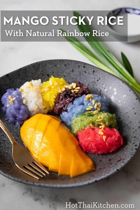 authentic recipe for the popular thai dessert mango sticky rice. This recipe also shares how to make colourful rainbow rice using natural dyes. Thai Dessert Recipes, Thai Rice Recipes, Thai Mango Sticky Rice, Mango Sticky Rice Recipe, Sticky Rice Recipe, Chinese Desserts, Sweet Sticky Rice, Thai Mango, Asian Side Dishes