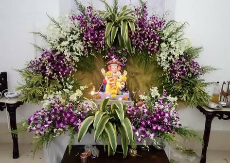 #collector#alibaug #raigad#ganpati #bappa #orchid #decor #ganpatidecor #flowerdecor # eco-friendly#floral #flowers Real Flowers Ganpati Decoration, Real Flower Decoration For Ganpati, Orchid Decoration, Orchid Decor, Gauri Ganpati, Flower Decoration For Ganpati, Lord Vinayaka, Ganpati Decor, Mandir Decoration