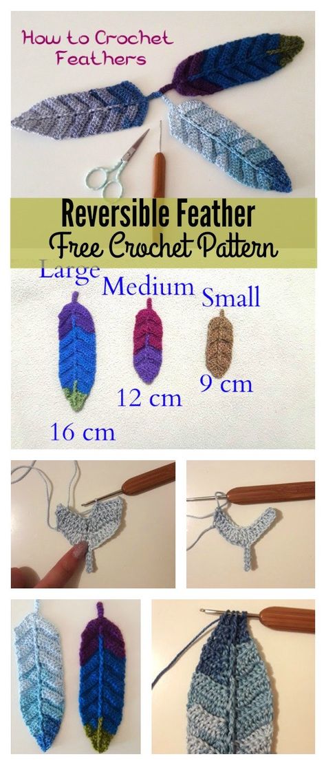 Reversible Feather Free Crochet Pattern Crochet Feathers Free Pattern, Reversible Crochet, Crochet Feather, Crochet Puff Flower, Crochet Dreamcatcher, Crochet Bookmarks, Book Markers, Feather Pattern, Crochet Flower Patterns