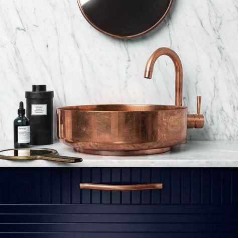 Copper Bathroom Fixture Ideas and Inspiration | Hunker Copper Bathroom Fixtures, Copper Bathroom Faucet, Copper Bathroom Sink, Copper Vessel Sinks, Copper Sink Bathroom, Copper Fixture, Alternative Decor, Copper Vessel, Copper Bathroom